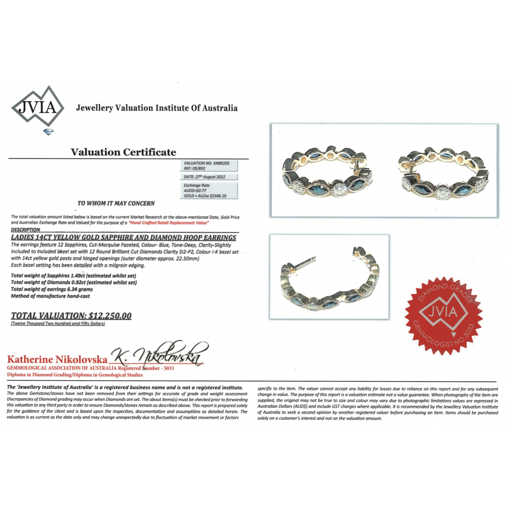 Yellow Gold Blue Sapphire and Diamond Hoop Earrings