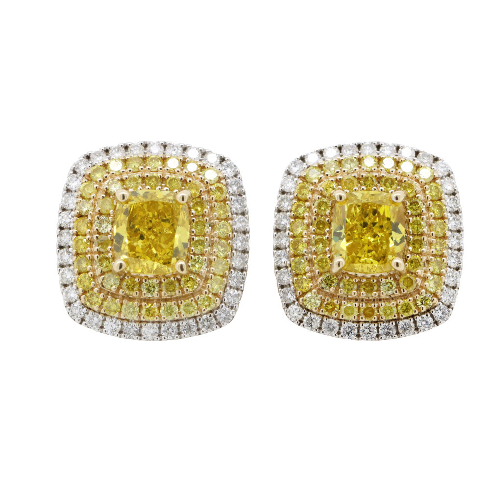White/Yellow Gold Fancy Yellow Diamond Triple Halo Earrings