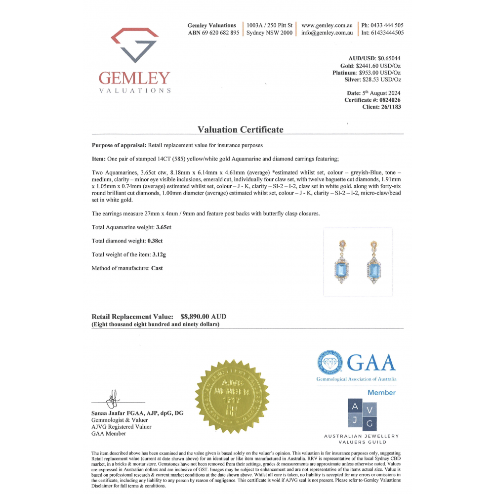 Yellow Gold Aquamarine and Diamond Drop Earrings