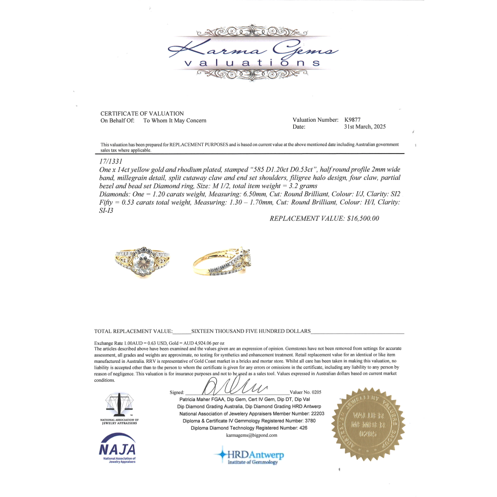 1.20ct Yellow Gold Diamond Halo Filigree Ring