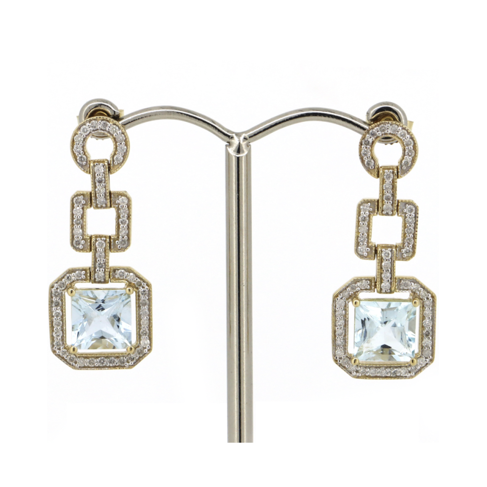 Yellow Gold Aquamarine and Diamond Drop Earrings