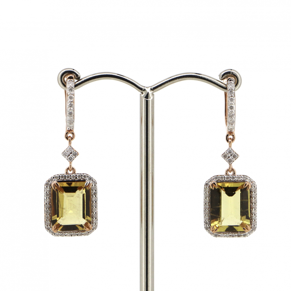 Rose Gold Heliodor and Diamond Halo Drop Earrings