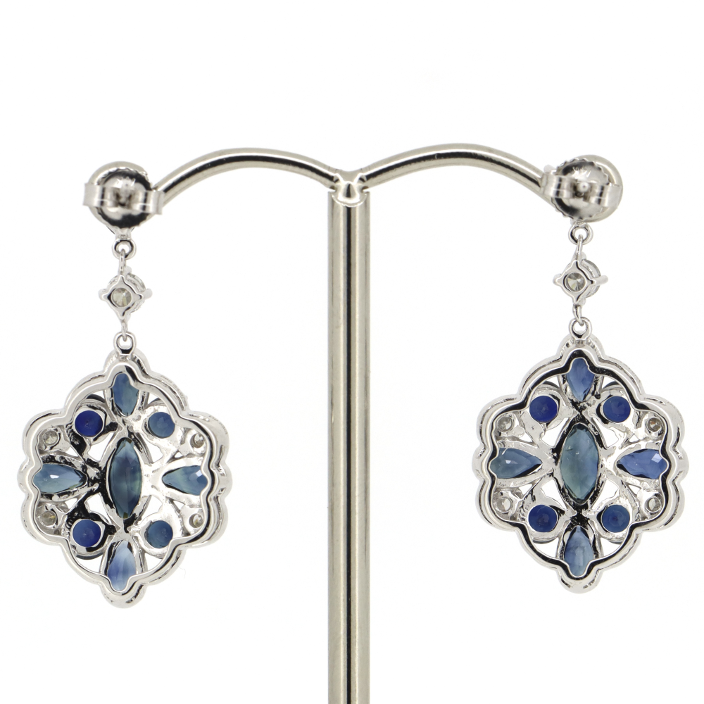 White Gold Marquise Blue Sapphire and Diamond Art Deco Style Drop Earrings