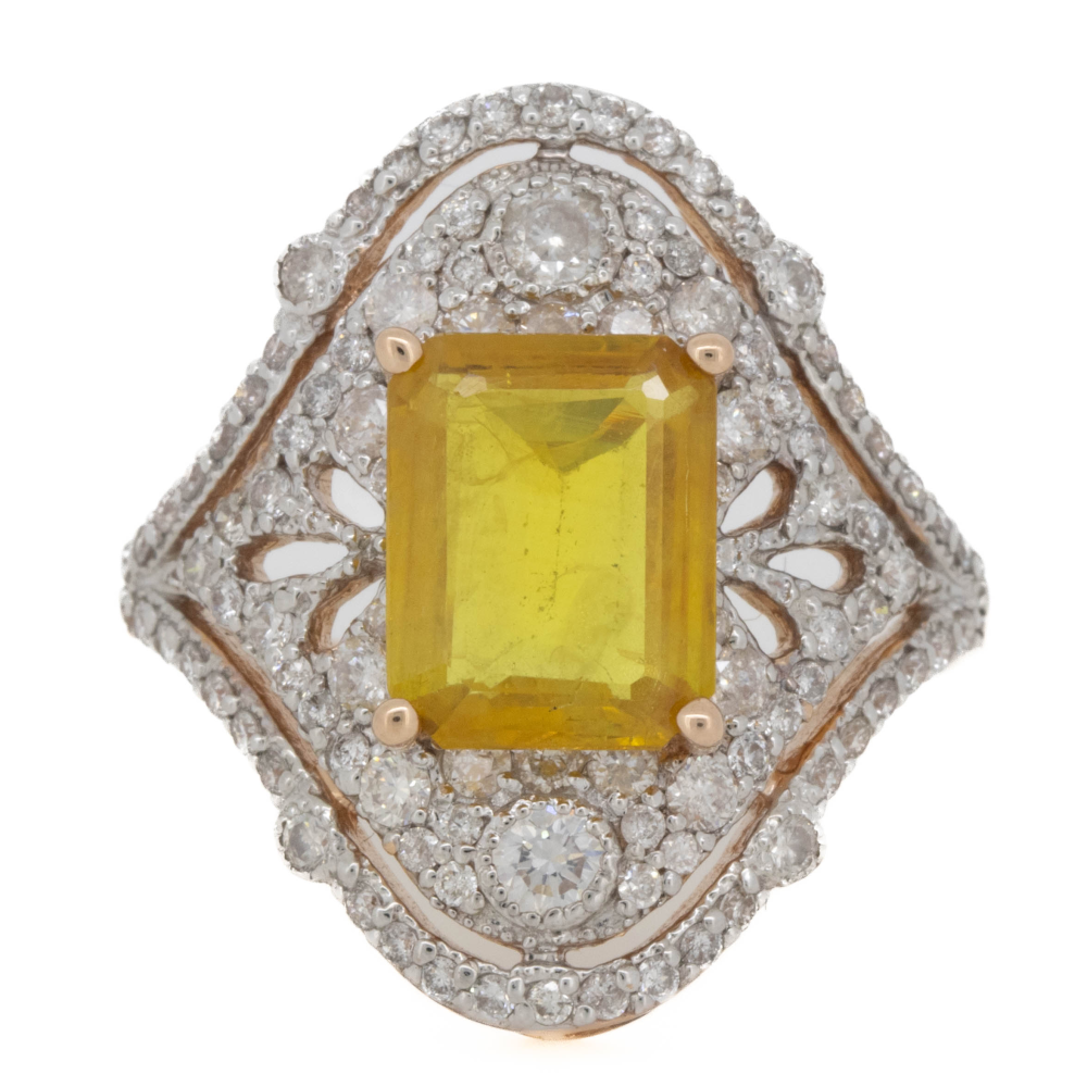 2.15ct Rose Gold Yellow Sapphire and Diamond Art Deco Inspired Statement Ring