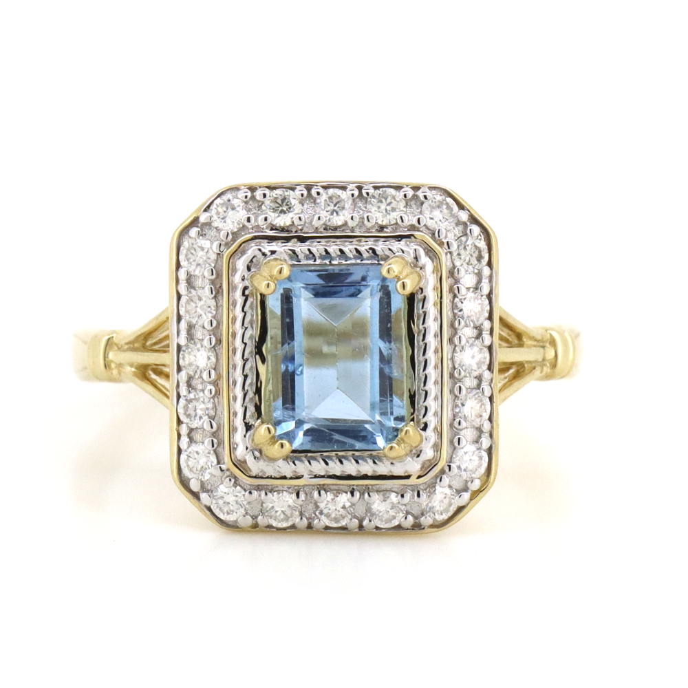 1.00ct Emerald Cut Aquamarine and Diamond Antique Style Halo Ring