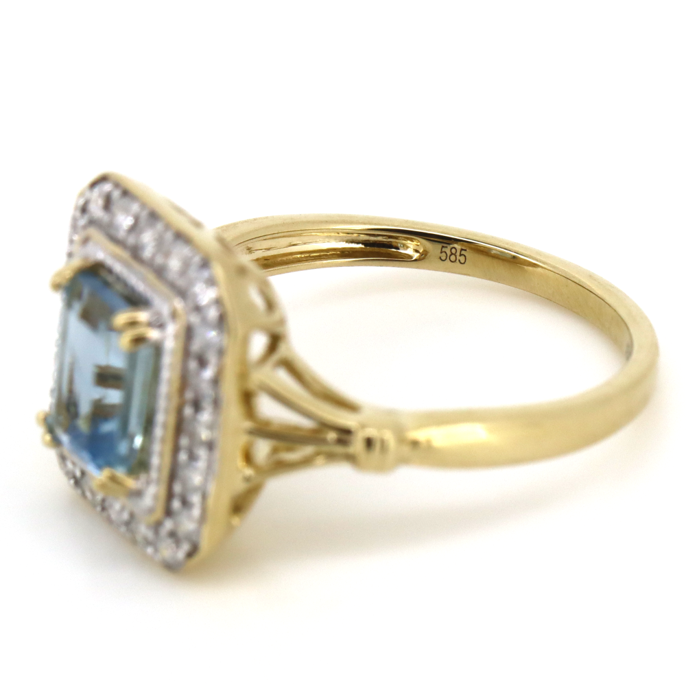 1.00ct Emerald Cut Aquamarine and Diamond Antique Style Halo Ring
