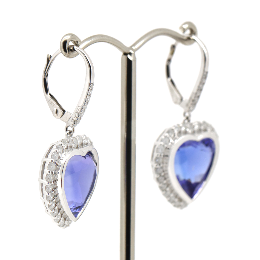 White Gold Tanzanite and Diamond Heart Halo Drop Earrings