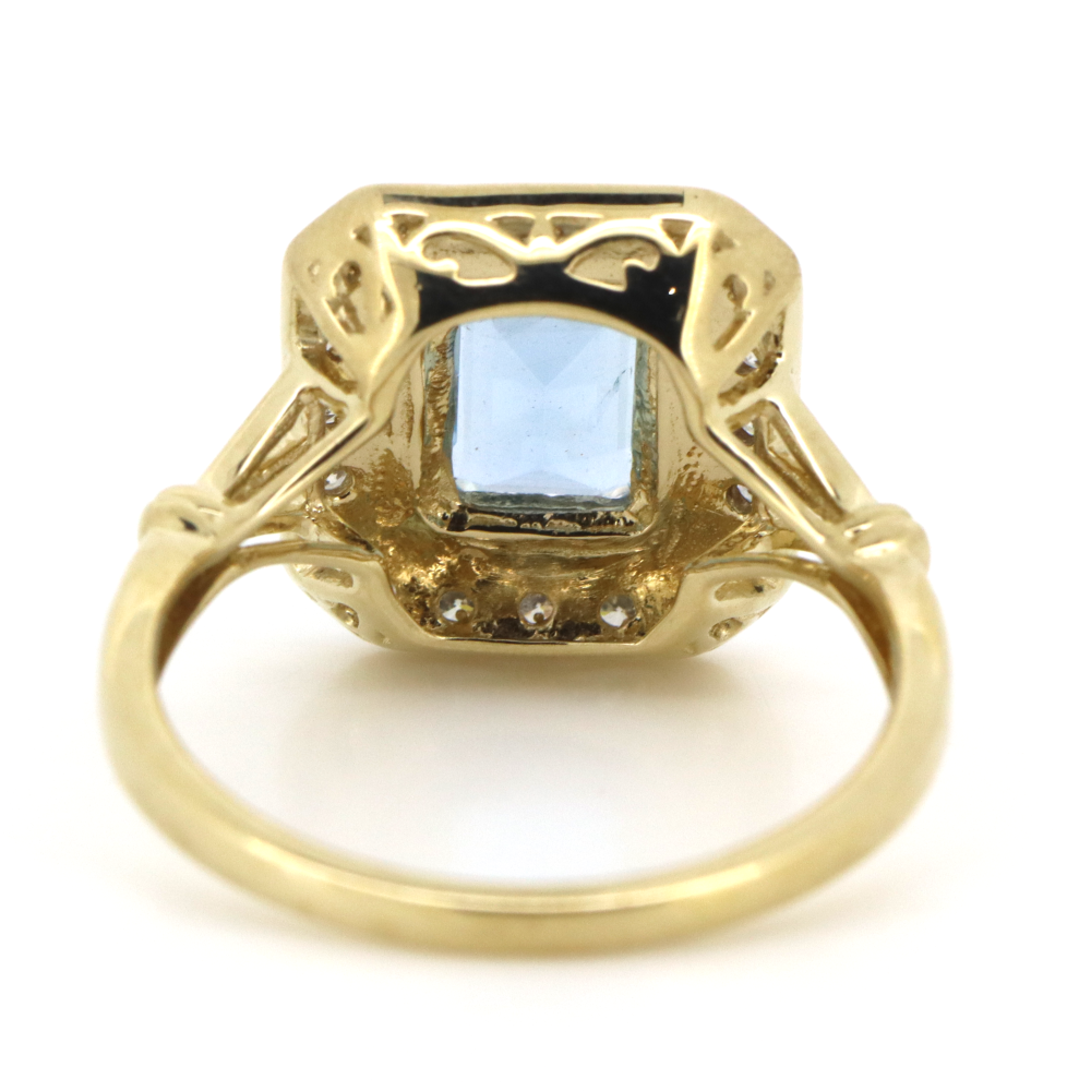 1.00ct Emerald Cut Aquamarine and Diamond Antique Style Halo Ring