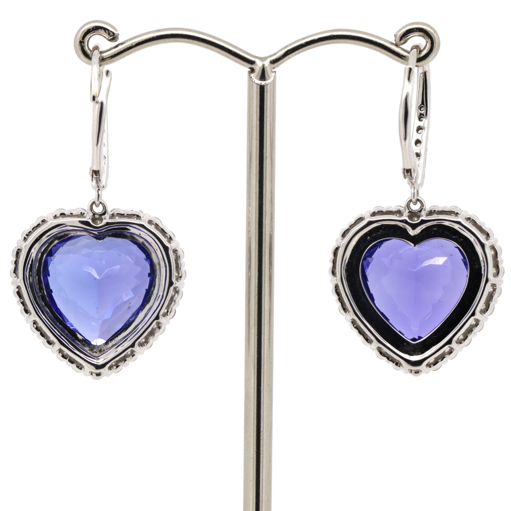 White Gold Tanzanite and Diamond Heart Halo Drop Earrings