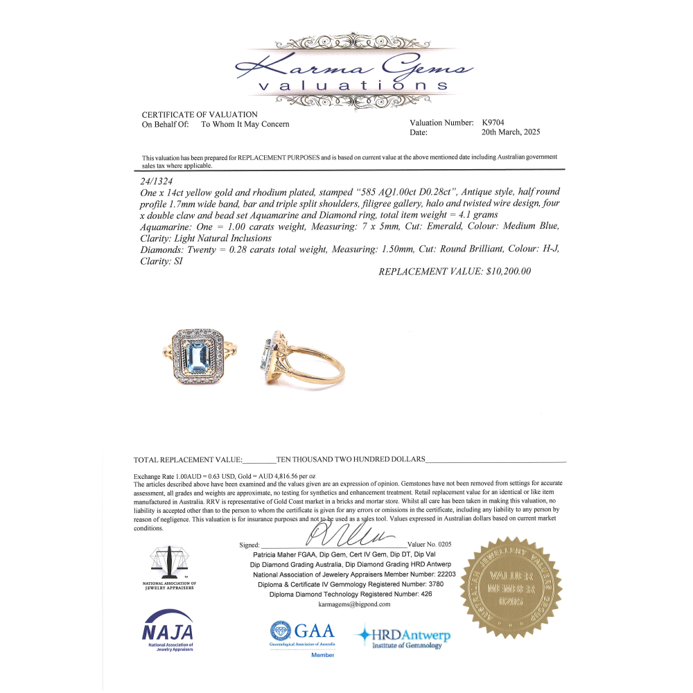 1.00ct Emerald Cut Aquamarine and Diamond Antique Style Halo Ring