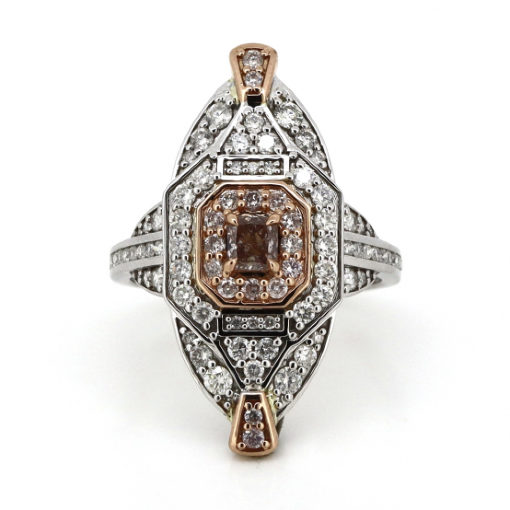 White & Rose Gold Pink Diamond Art Deco Ring – Vintage-Inspired Luxury
