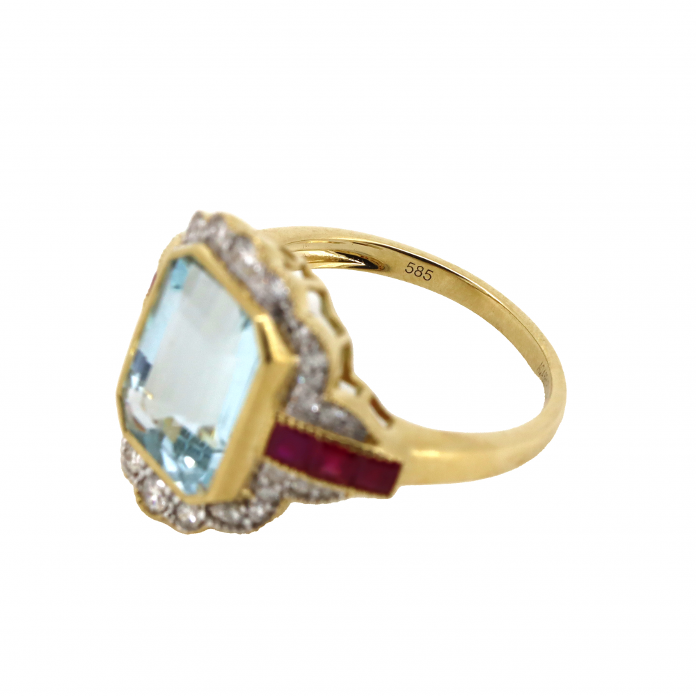 Yellow Gold Aquamarine, Ruby, and Diamond Ring