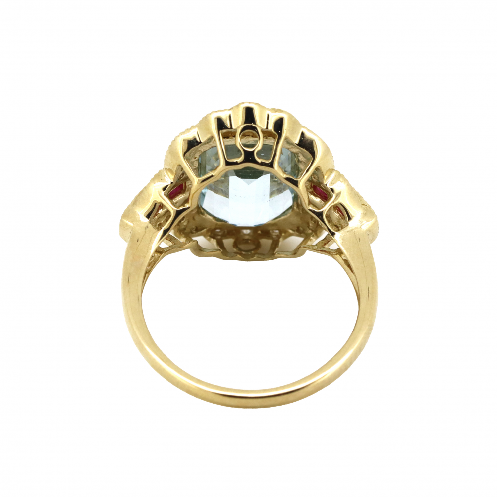 Yellow Gold Aquamarine, Ruby, and Diamond Ring