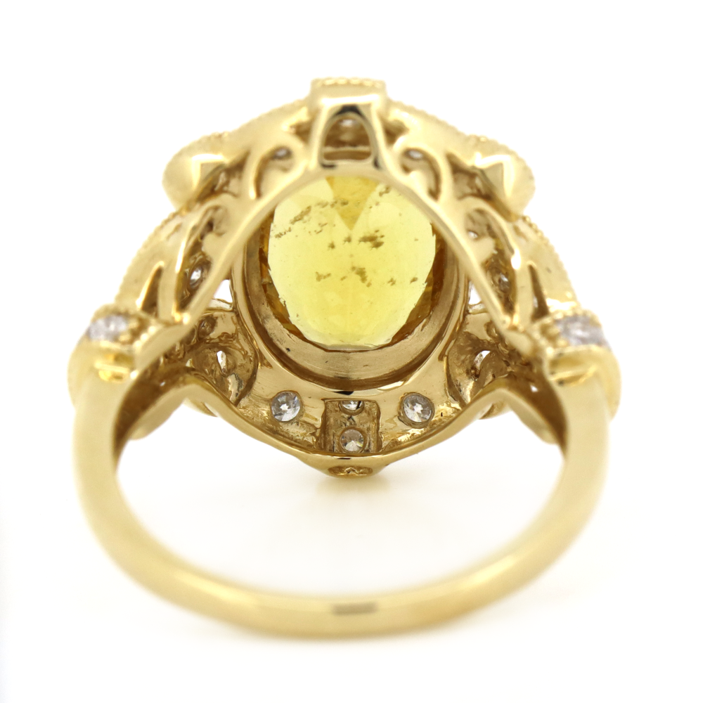 Yellow Gold Golden Beryl and Diamond Antique Inspired Ring