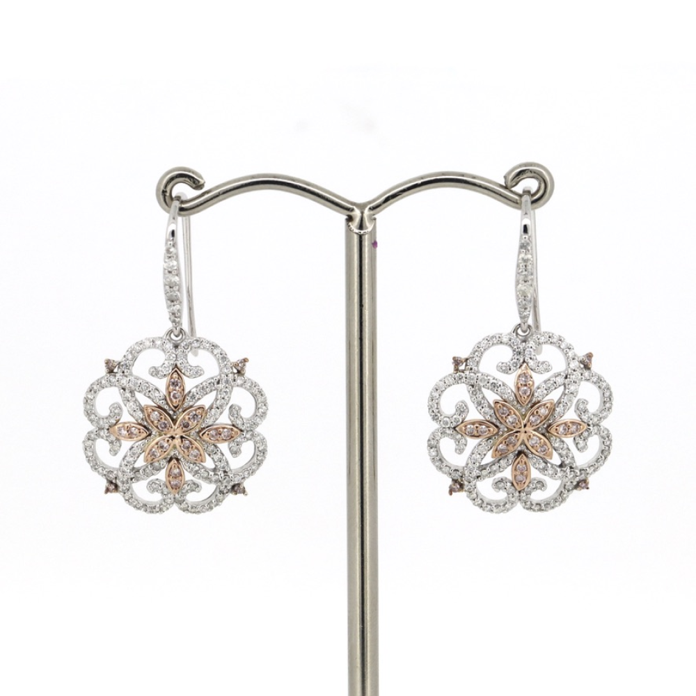 White/Rose Gold Blush Pink Diamond Drop Earrings