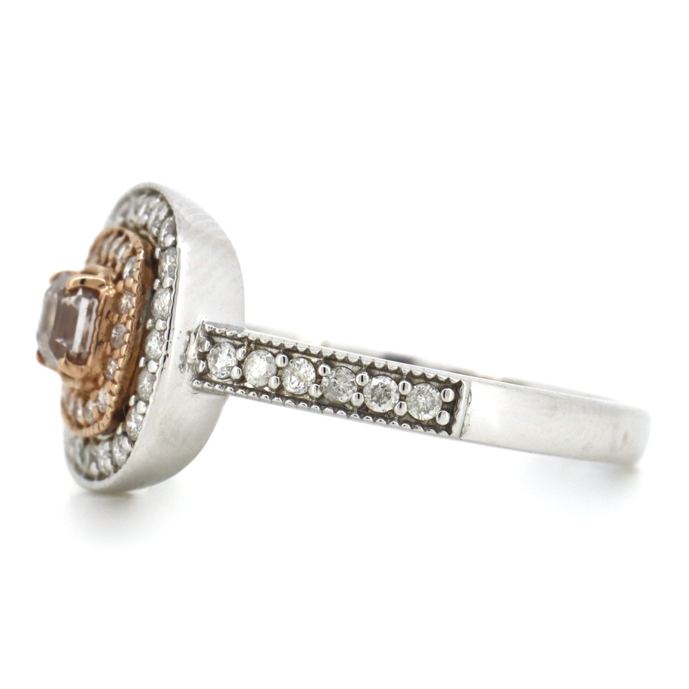 White/Rose Gold, Pink Champagne Diamond and Diamond, Double Halo Ring
