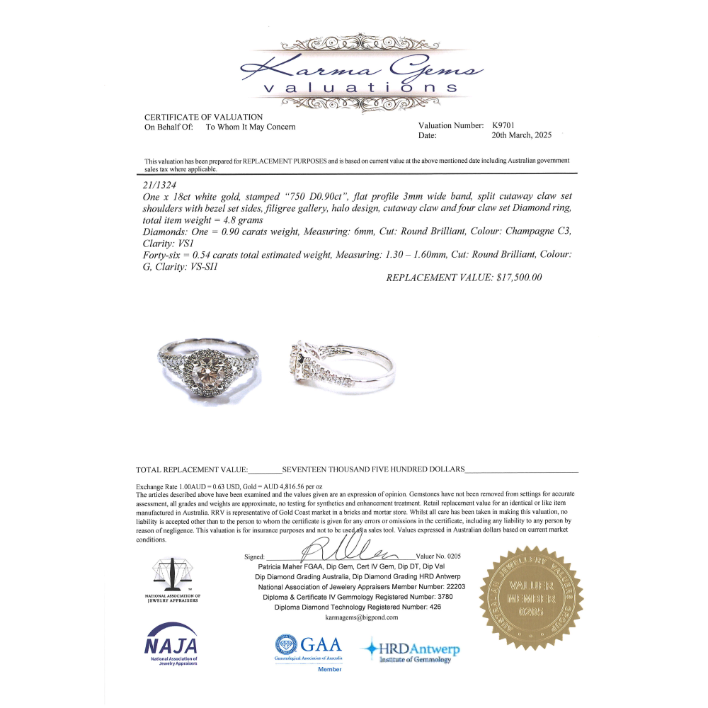 White Gold Champagne Diamond Halo Ring