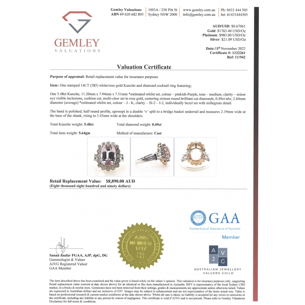 White/Rose Gold Kunzite & Diamond Halo Ring