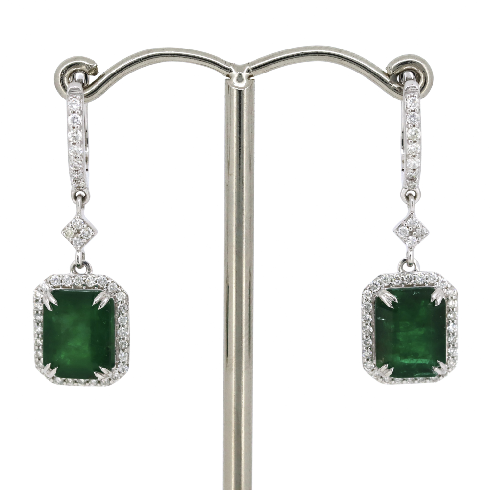 4.65ct White Gold Emerald and Diamond Drop Earrings