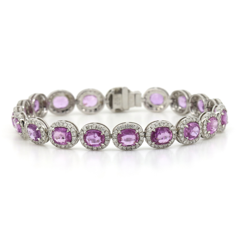 14.08ct White Gold, Pink Sapphire and Diamond, Halo Bracelet