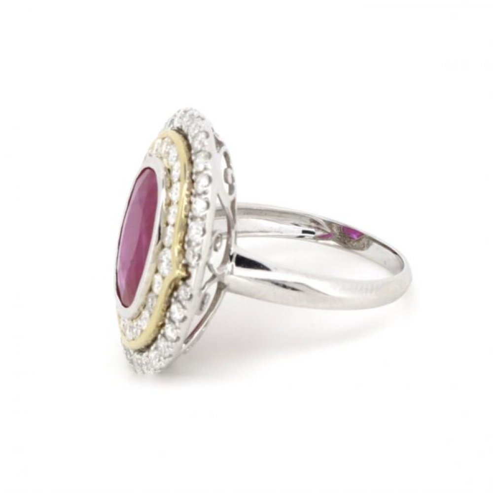 White/Yellow Gold, Ruby and Diamond Double Halo Ring