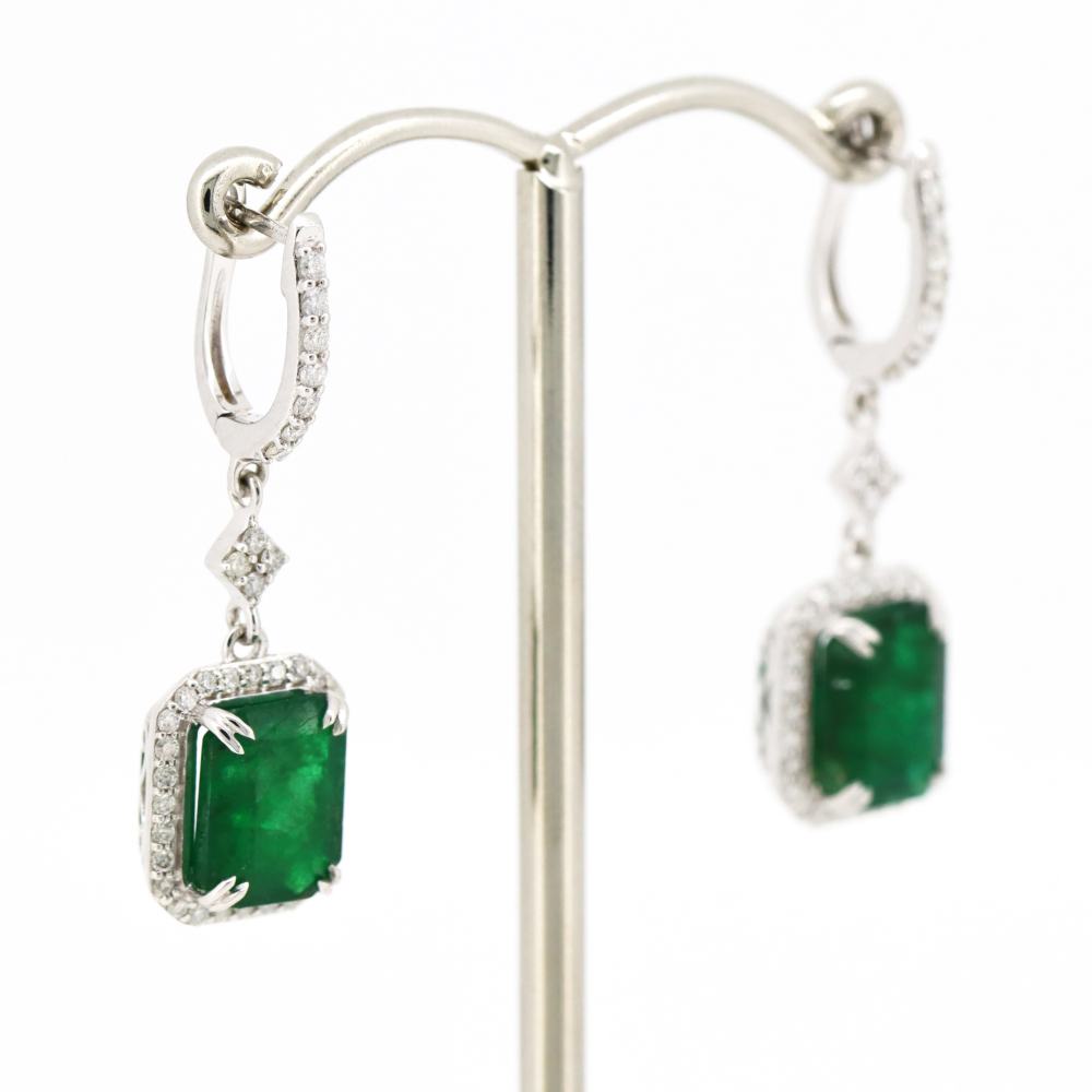 4.65ct White Gold Emerald and Diamond Drop Earrings