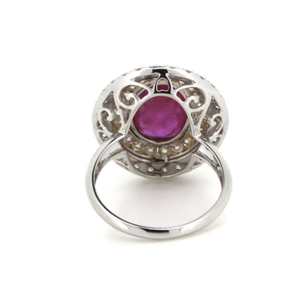 White/Yellow Gold, Ruby and Diamond Double Halo Ring