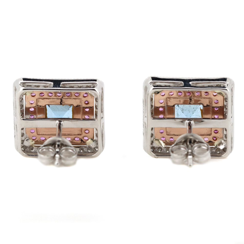 White Gold Aquamarine and Pink Sapphire Halo Stud Earrings