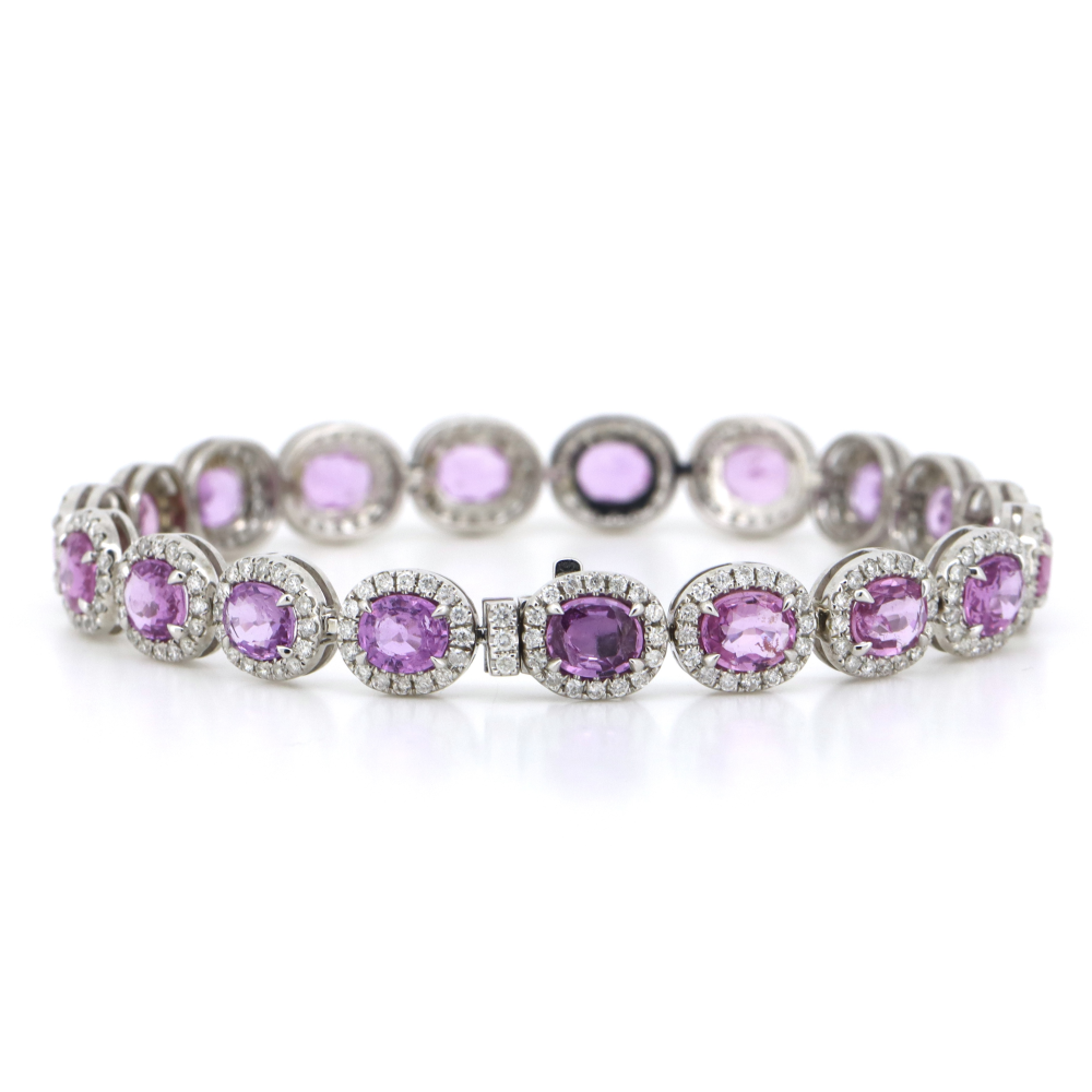 14.08ct White Gold, Pink Sapphire and Diamond, Halo Bracelet