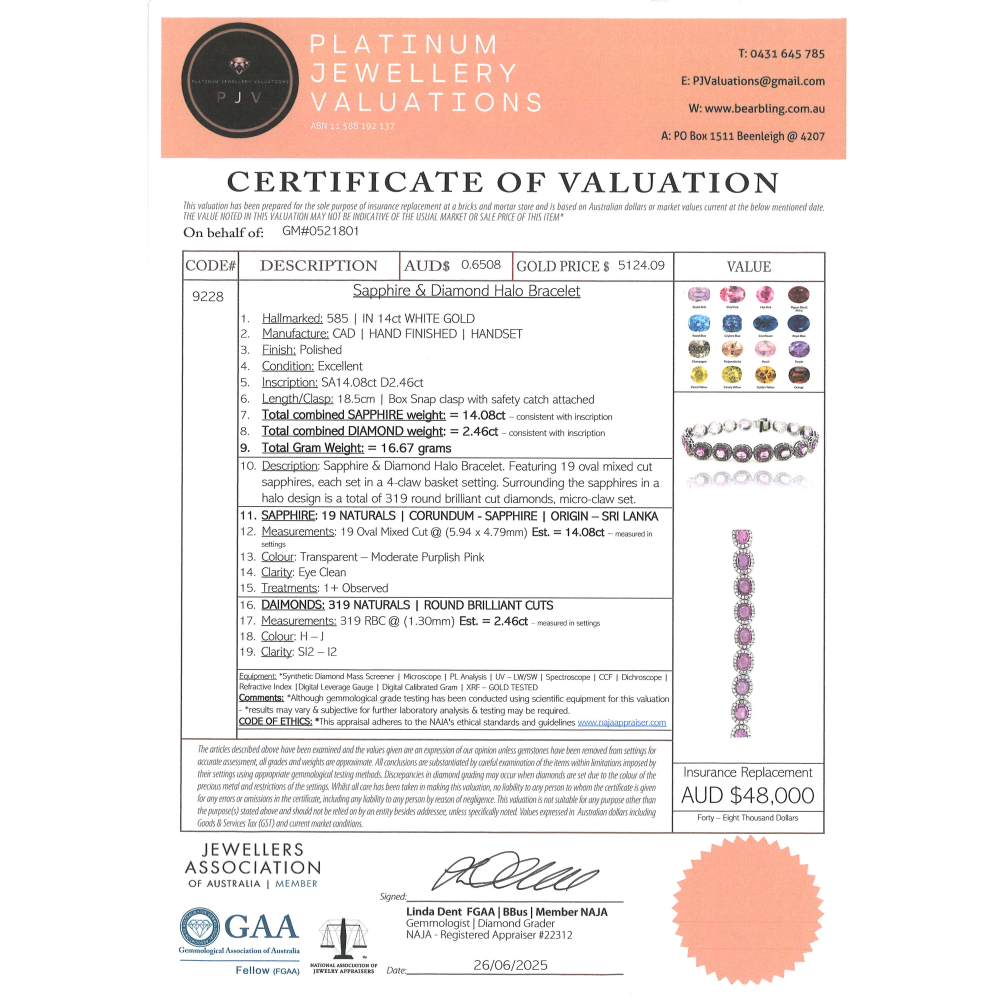 14.08ct White Gold, Pink Sapphire and Diamond, Halo Bracelet