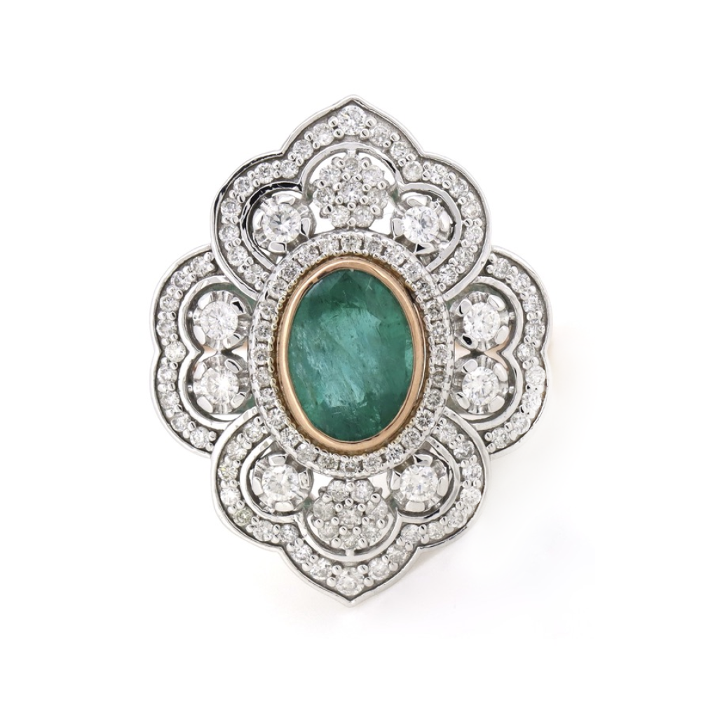 Rose/White Gold Emerald & Diamond Antique Inspired Ring