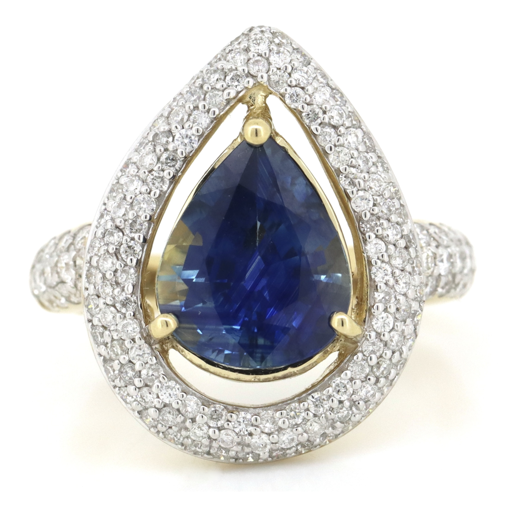 Yellow Gold, 3.95ct Ceylon Sapphire and Diamond, Halo Cluster Ring