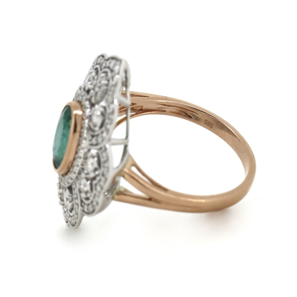 Rose/White Gold Emerald & Diamond Antique Inspired Ring