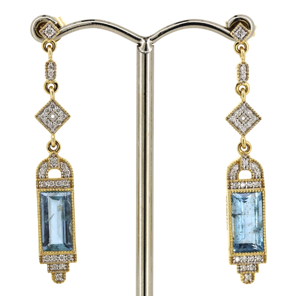 3.22ct TSW Yellow Gold Aquamarine and Diamond Drop Earrings