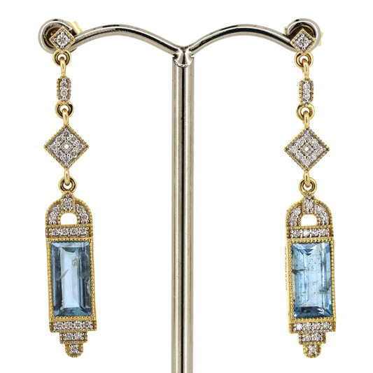 3.22ct TSW Yellow Gold Aquamarine and Diamond Drop Earrings