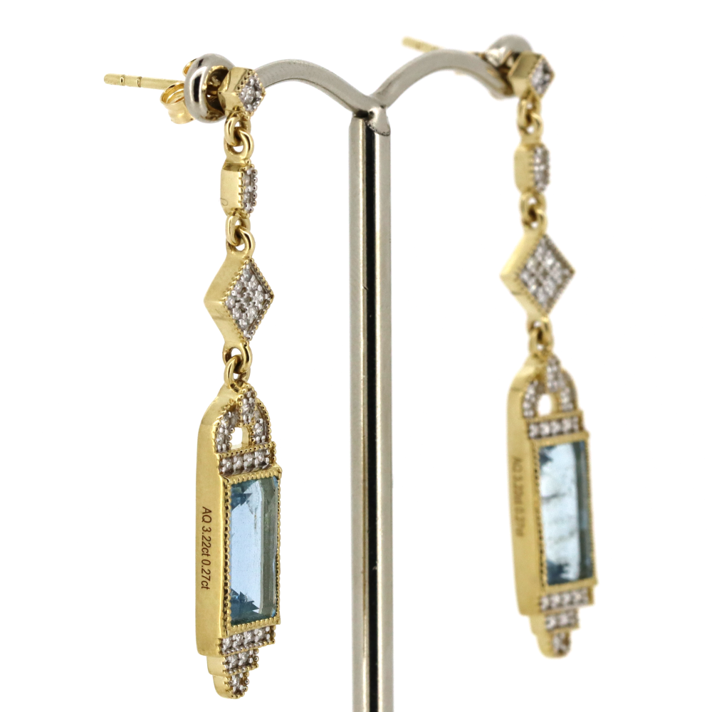 3.22ct TSW Yellow Gold Aquamarine and Diamond Drop Earrings