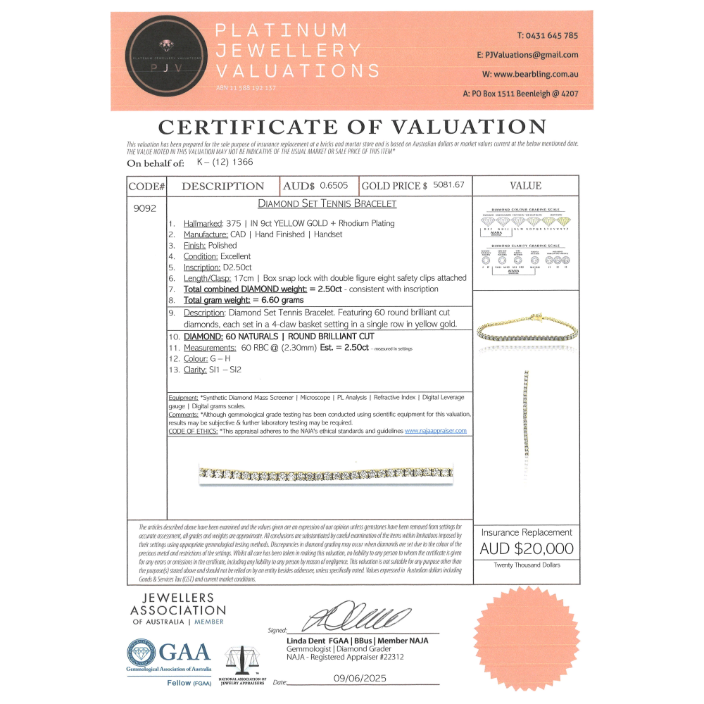 9K Yellow Gold, 2.50ct Diamond, Tennis Bracelet