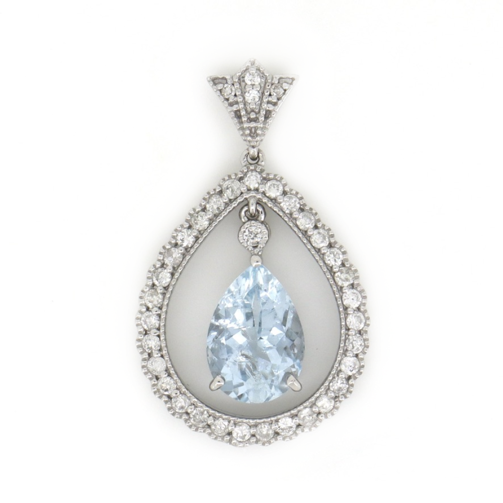 White Gold Aquamarine & Diamond Floating Halo Pendant