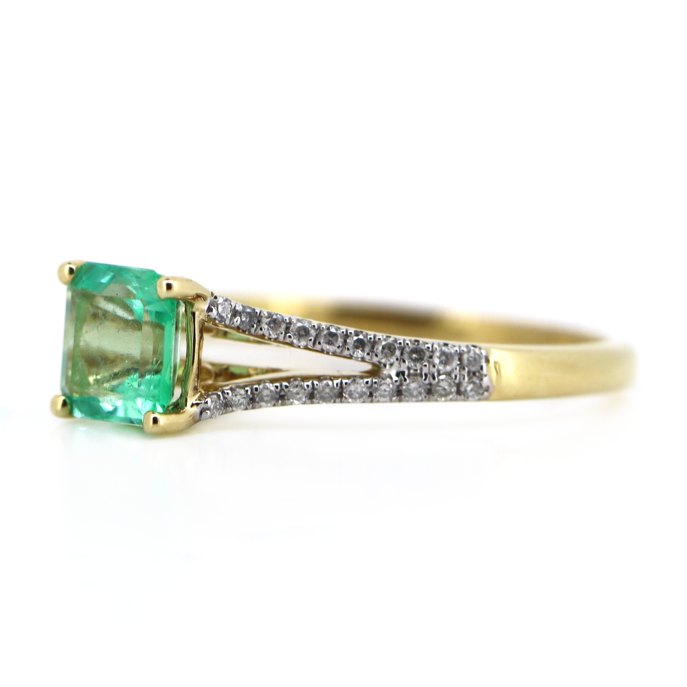 Yellow Gold 0.78ct Colombian Emerald and Diamond Split Band Dress Ring