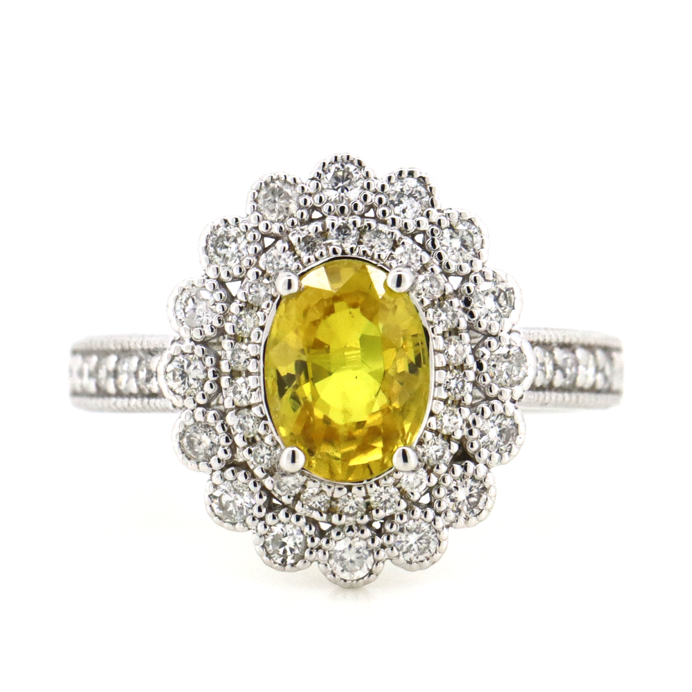 1.70ct Oval Yellow Sapphire and Diamond Double Halo Ring