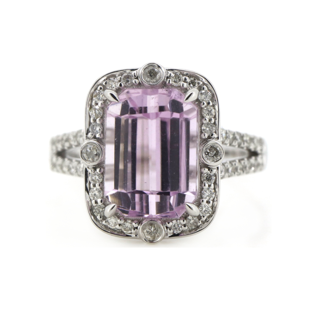 5.58ct White Gold Kunzite & Diamond Halo Split Band Ring
