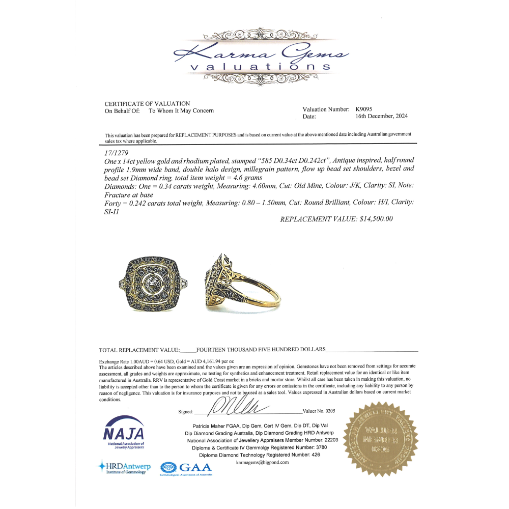 Yellow Gold Old Mine Cut Diamond Double Halo Ring