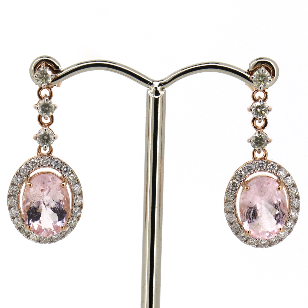 Oval cut Morganite and Diamond Halo Drop Earrings