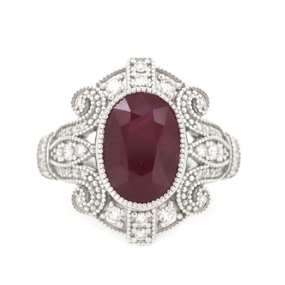 3.93ct White Gold Ruby & Diamond Antique Inspired Ring