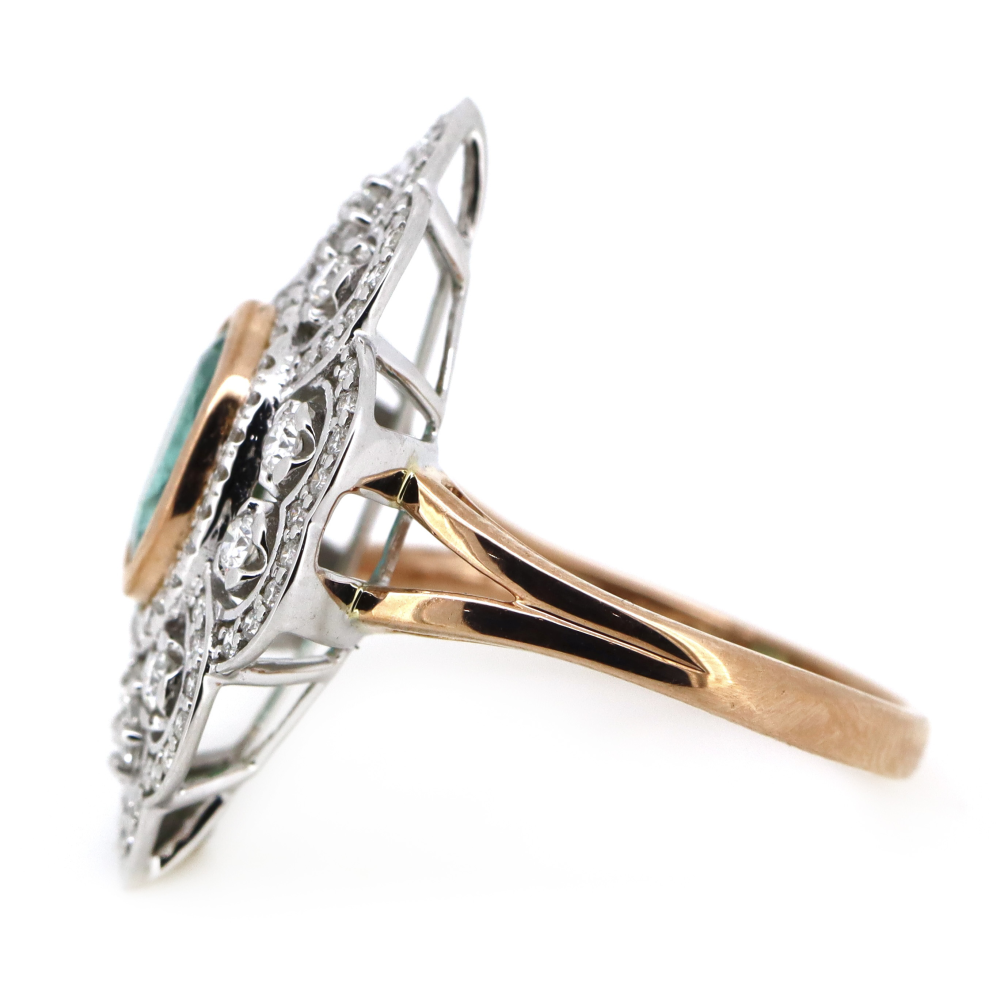 1.13ct Rose/White Gold Emerald and Diamond Ornate Statement Ring