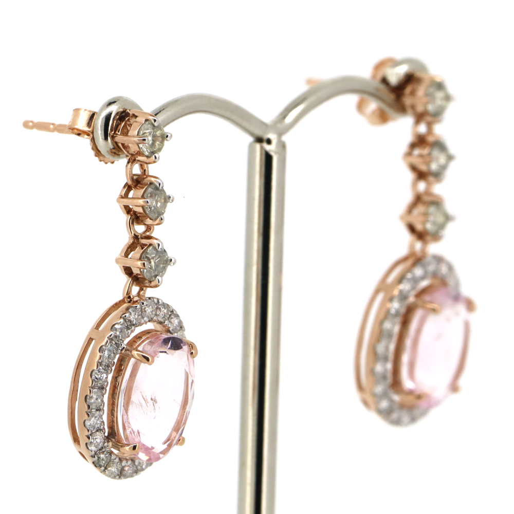 Oval cut Morganite and Diamond Halo Drop Earrings