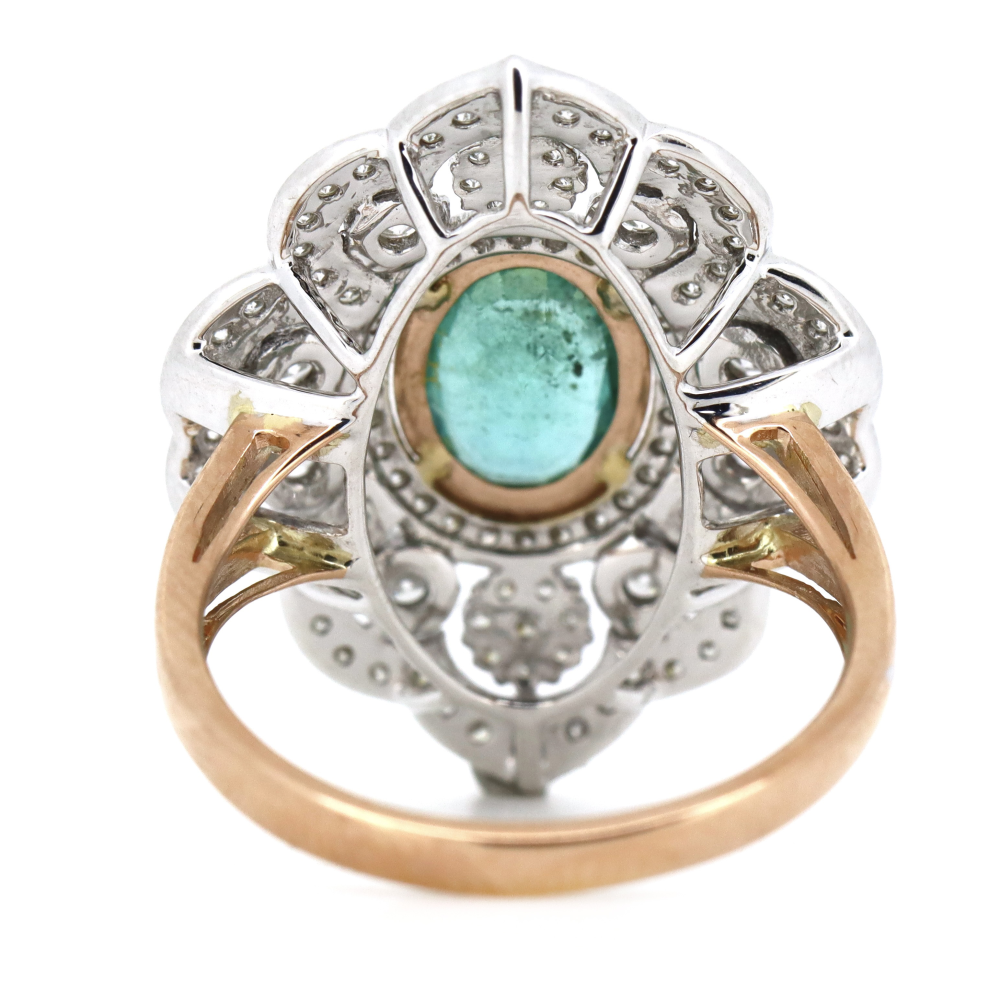 1.13ct Rose/White Gold Emerald and Diamond Ornate Statement Ring