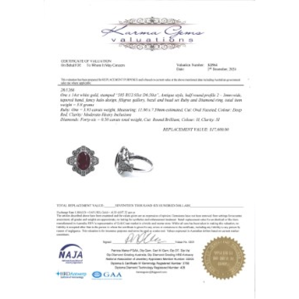 3.93ct White Gold Ruby & Diamond Antique Inspired Ring