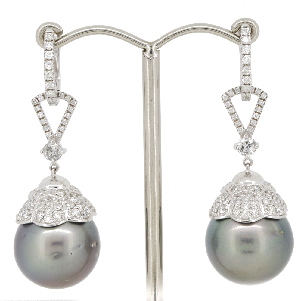 Yellow Gold Black Cultured Tahitian Pearl & Diamond Earrings