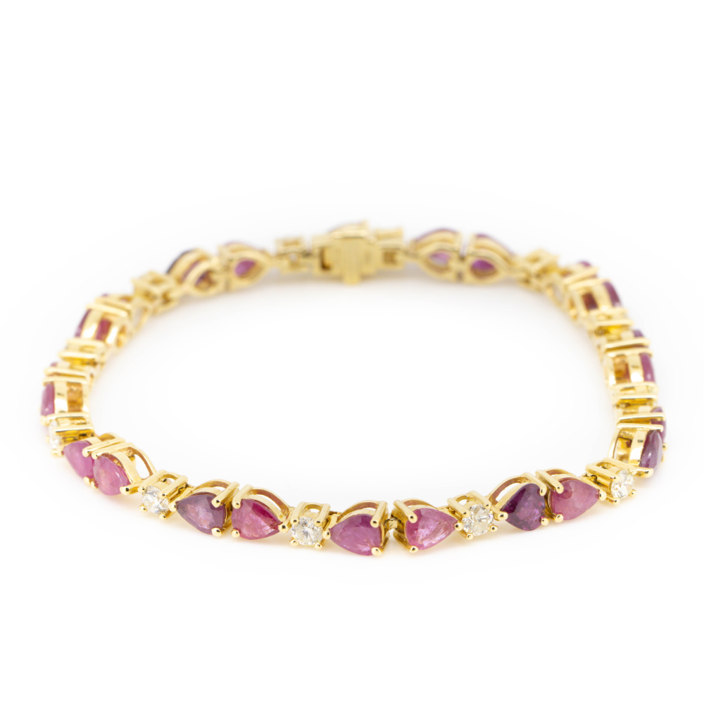 Yellow Gold Pear Cut Ruby and Diamond Line Bracelet
